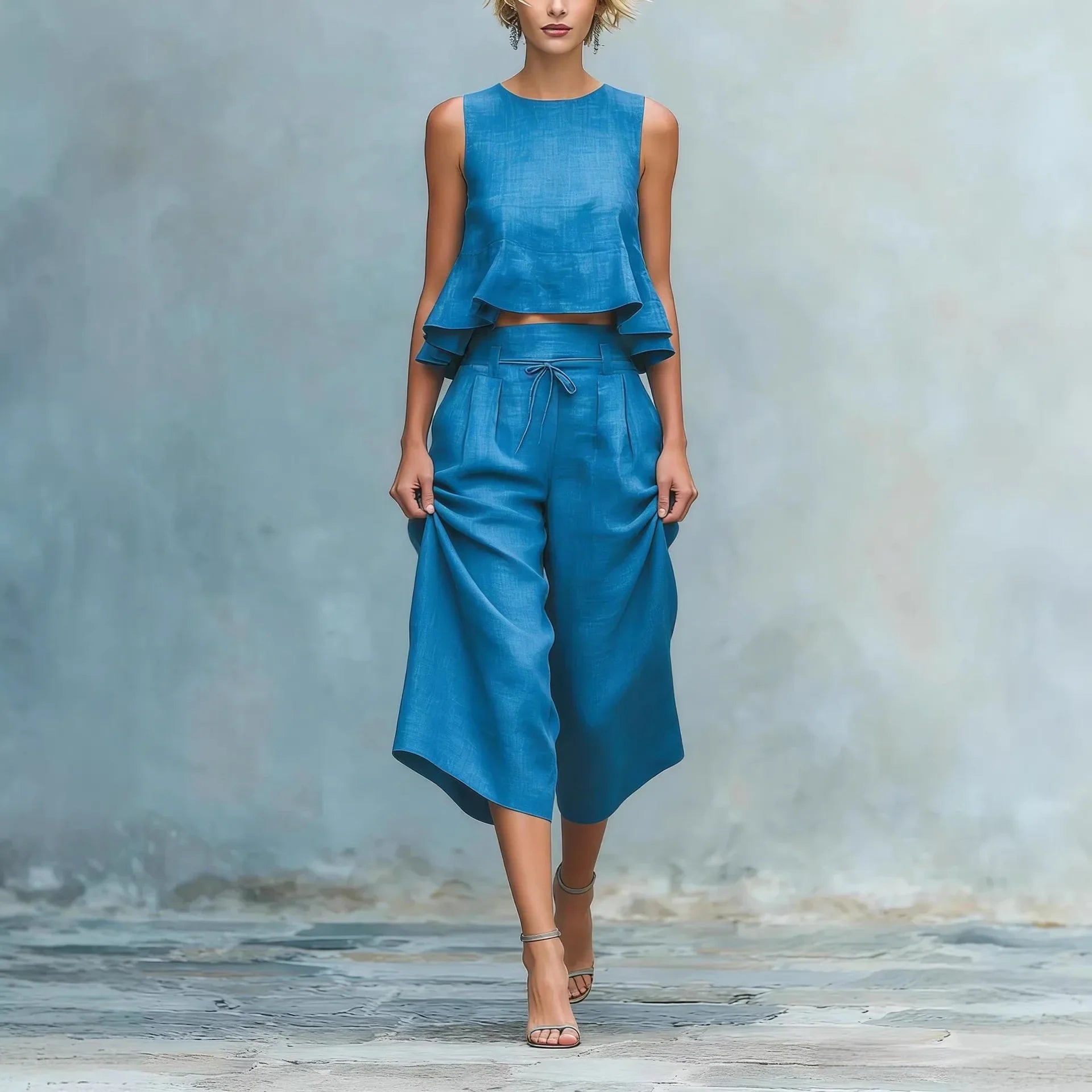 Conjunto de dos piezas para mujer con crop top de lino y pantalón ancho