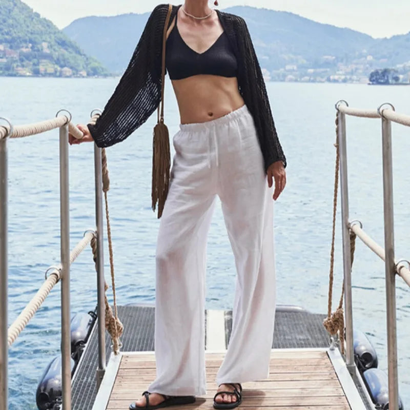Pantalones de Playa para Mujer de Pierna Ancha en Mezcla de Lino y Algodón