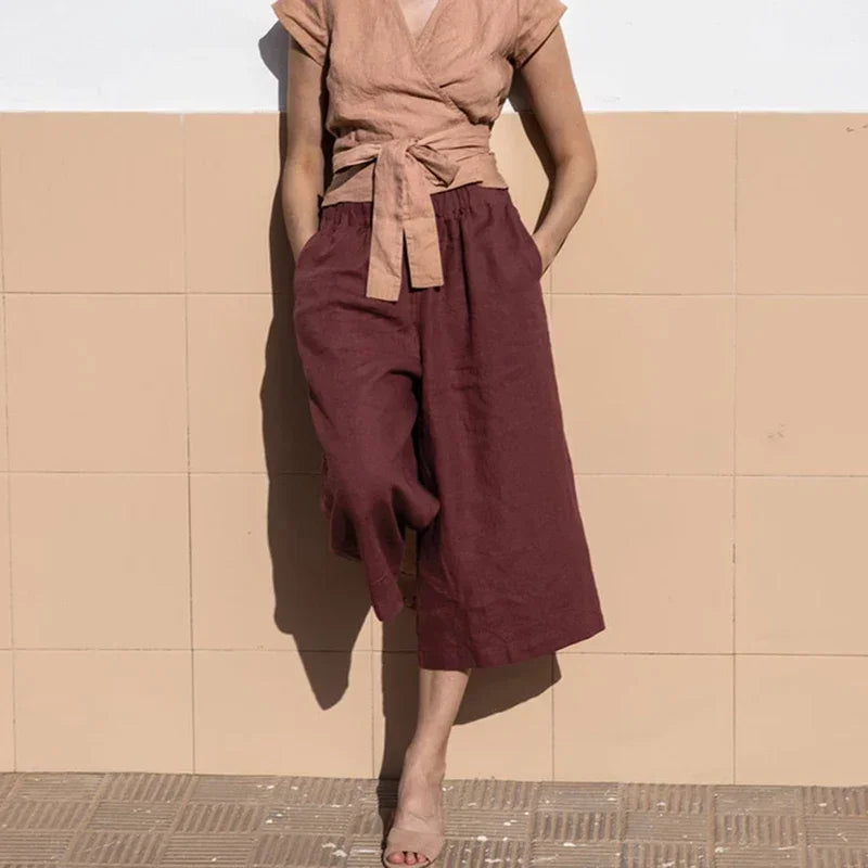Pantalon en lin pour femme à jambe large avec taille élastique et coupe à la cheville