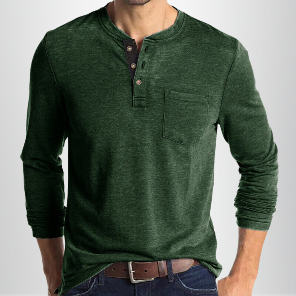 Camisa Henley de Manga Larga para Hombre con Bolsillo y Cuello Clásico