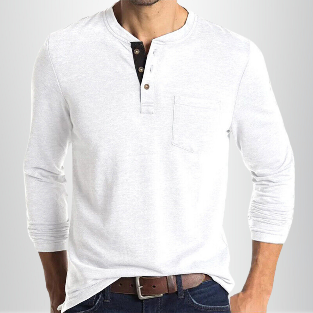 Camisa Henley de Manga Larga para Hombre con Bolsillo y Cuello Clásico