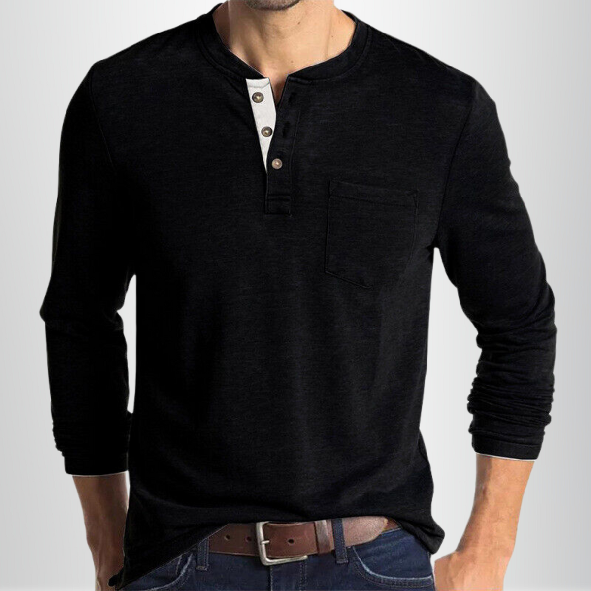 Camisa Henley de Manga Larga para Hombre con Bolsillo y Cuello Clásico