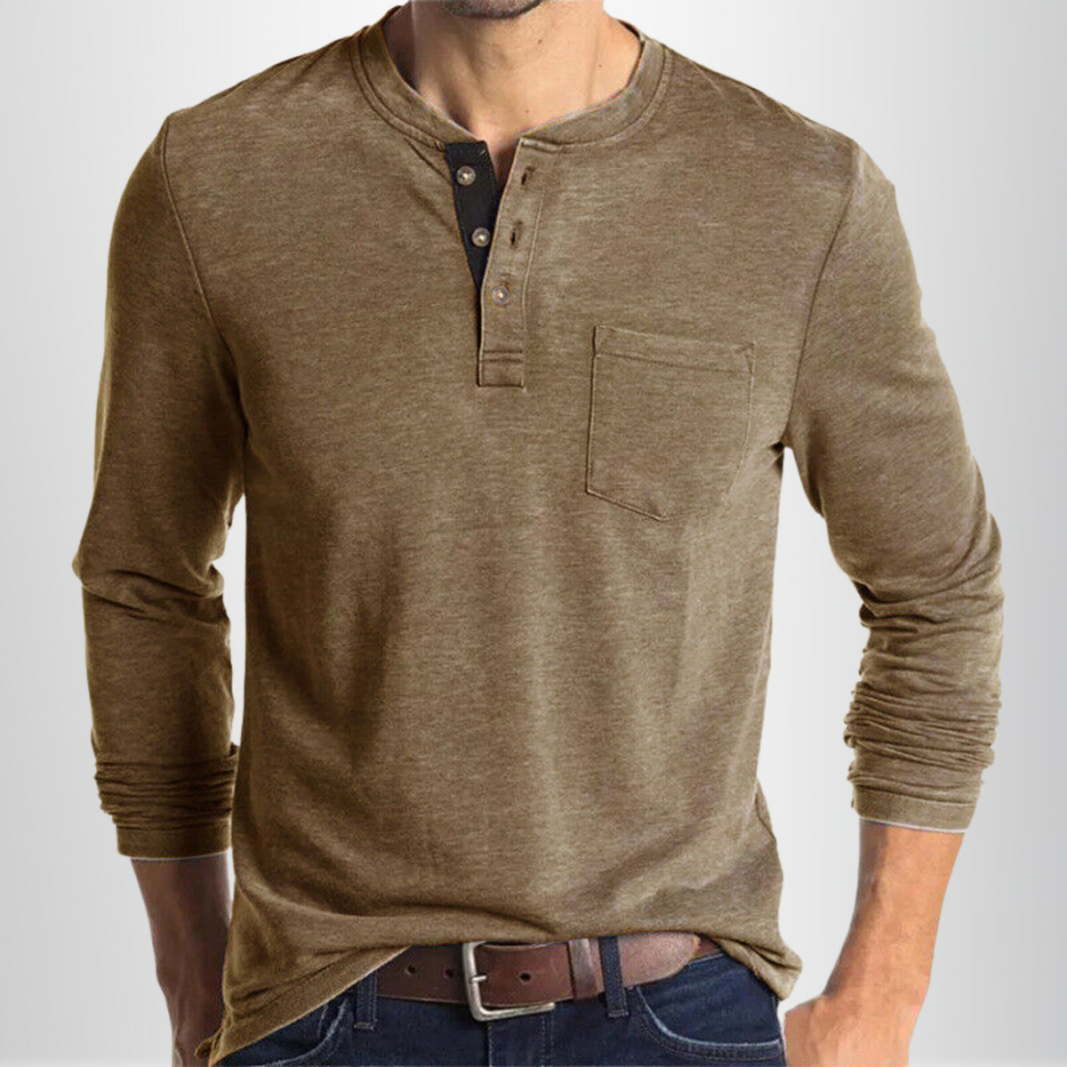 Camisa Henley de Manga Larga para Hombre con Bolsillo y Cuello Clásico