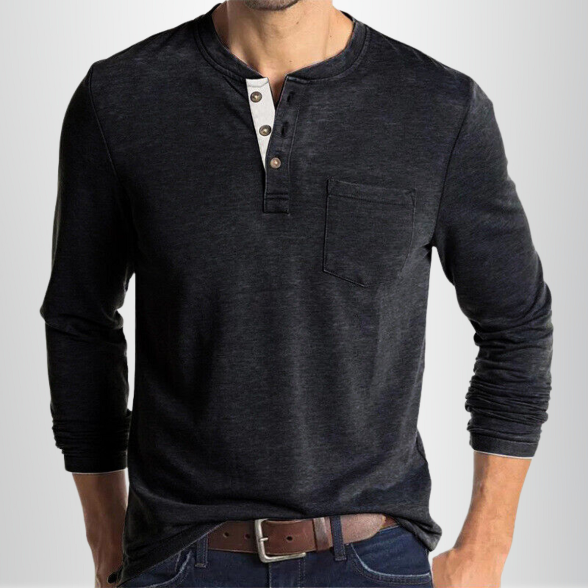 Camisa Henley de Manga Larga para Hombre con Bolsillo y Cuello Clásico