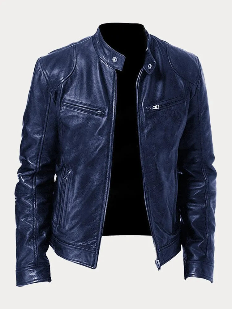 Chaqueta de Cuero Sintético para Hombre con Cuello Alto y Cremalleras Laterales