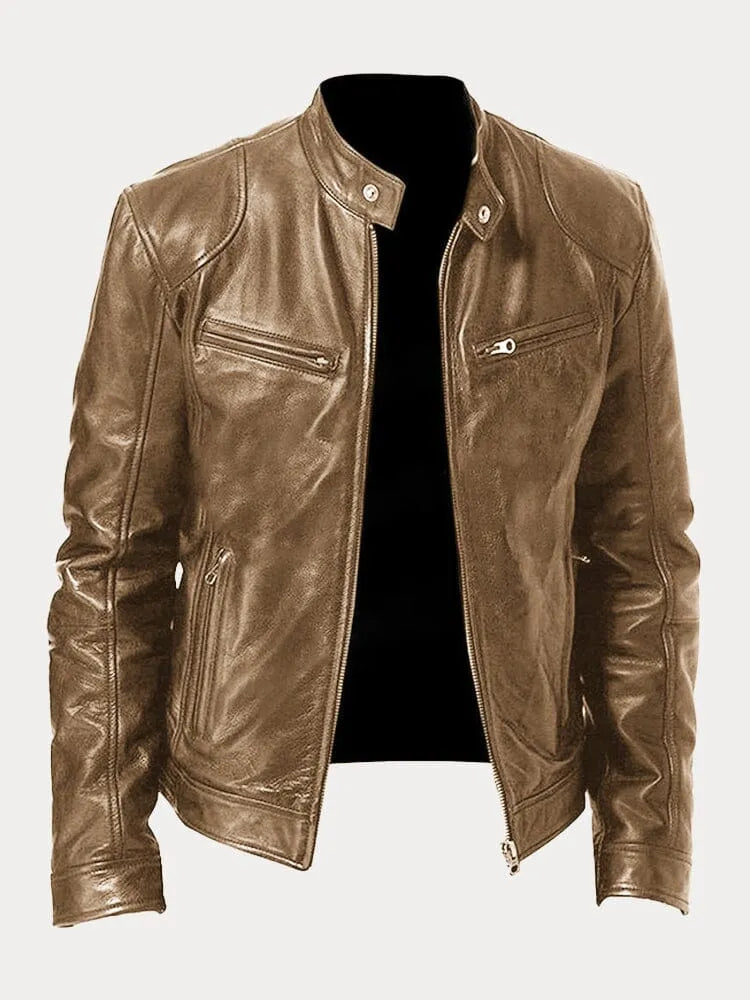 Chaqueta de Cuero Sintético para Hombre con Cuello Alto y Cremalleras Laterales