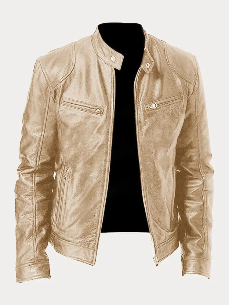Chaqueta de Cuero Sintético para Hombre con Cuello Alto y Cremalleras Laterales