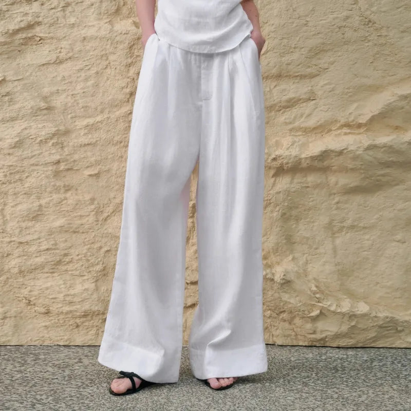 Pantalones de Lino de Pierna Ancha con Cintura Alta y Elástica para Mujer