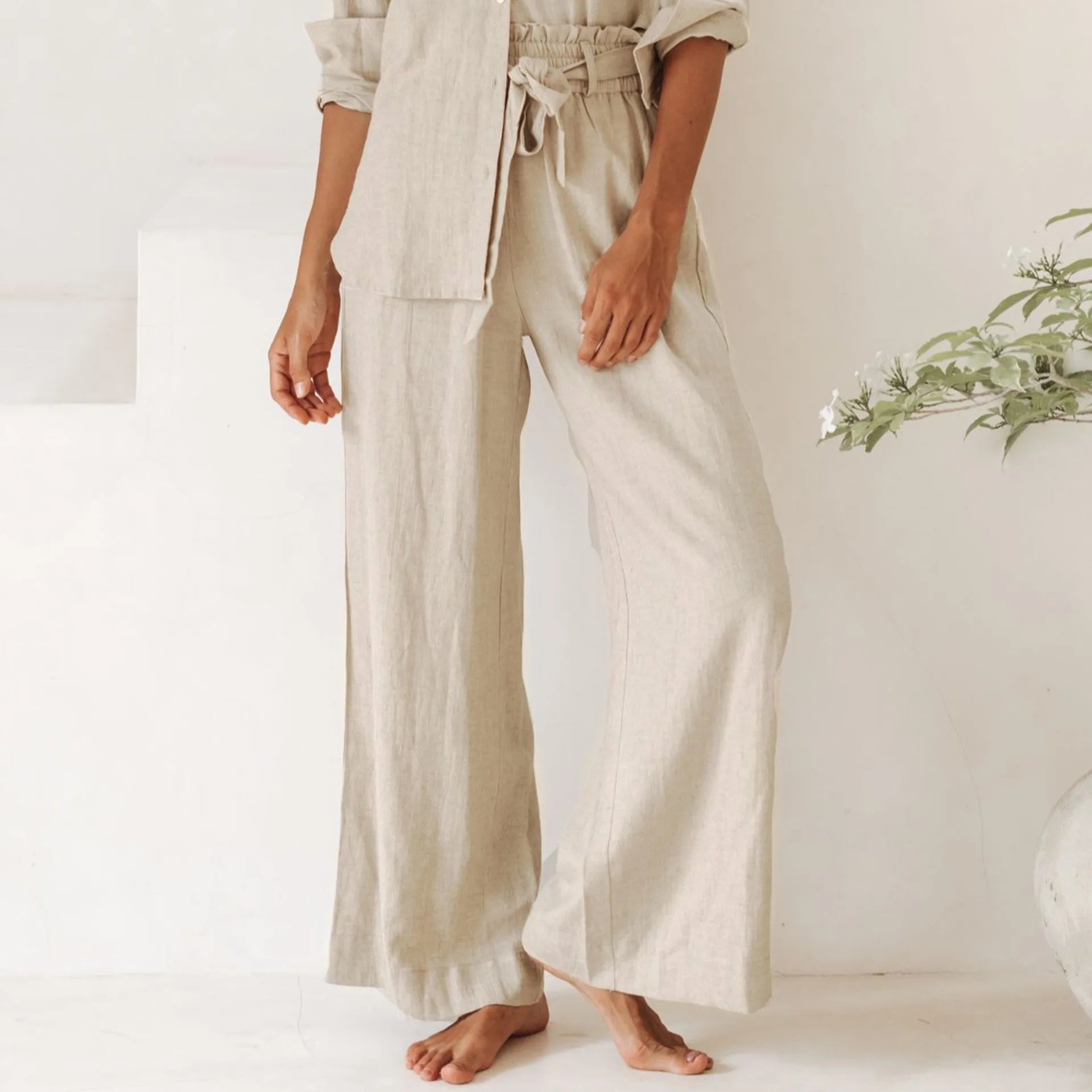 Pantalones de Lino para Mujer de Pierna Ancha con Cintura Elástica y Lazo