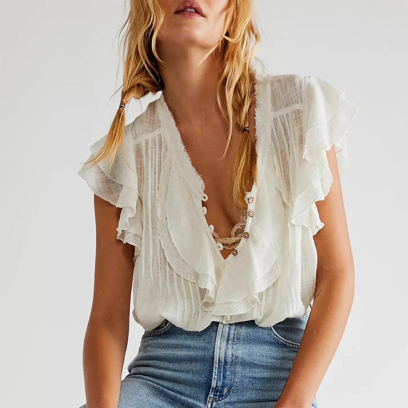 Top curto para mulher em gaze de algodão com folhos — casual