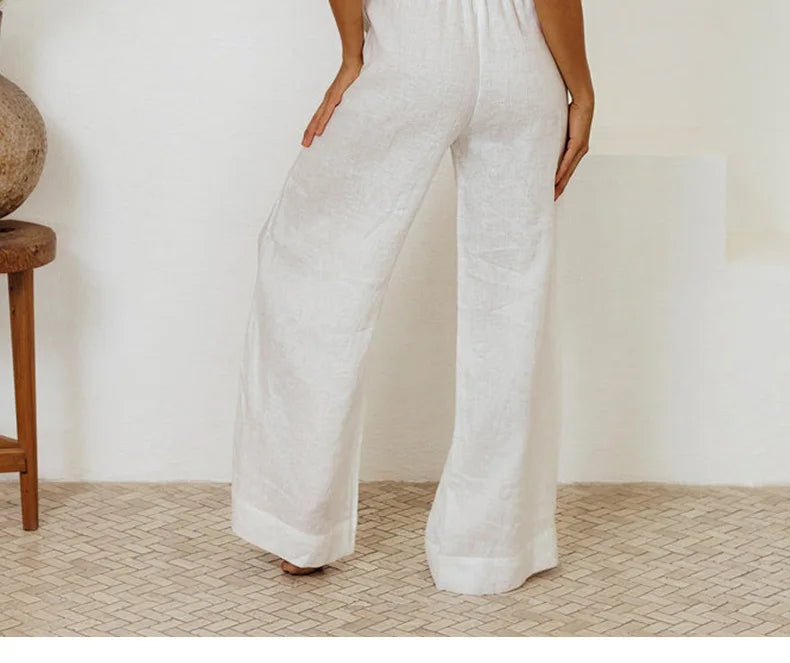 Pantalones de Lino para Mujer de Pierna Ancha con Cintura Elástica y Lazo