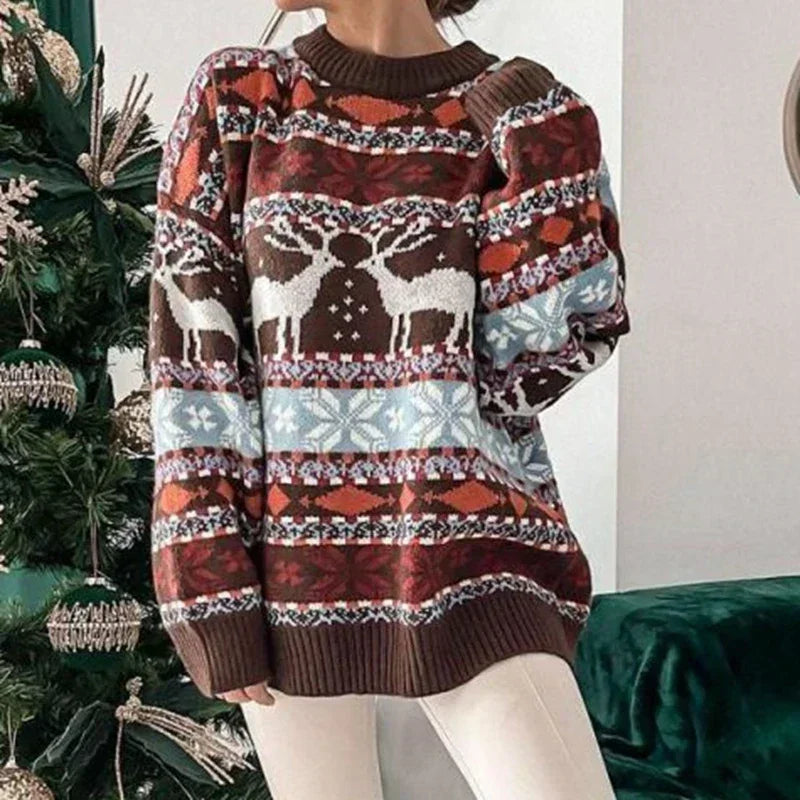 Jersey de Punto Navideño para Mujer con Cuello Redondo y Estampado Festivo Holgado