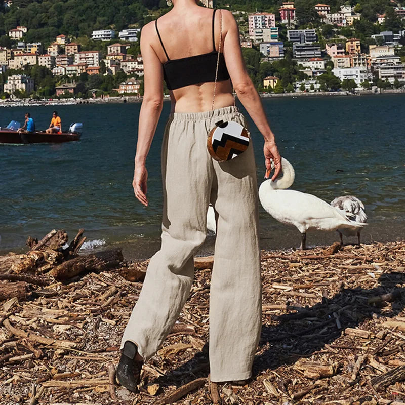 Pantalones de Playa para Mujer de Pierna Ancha en Mezcla de Lino y Algodón