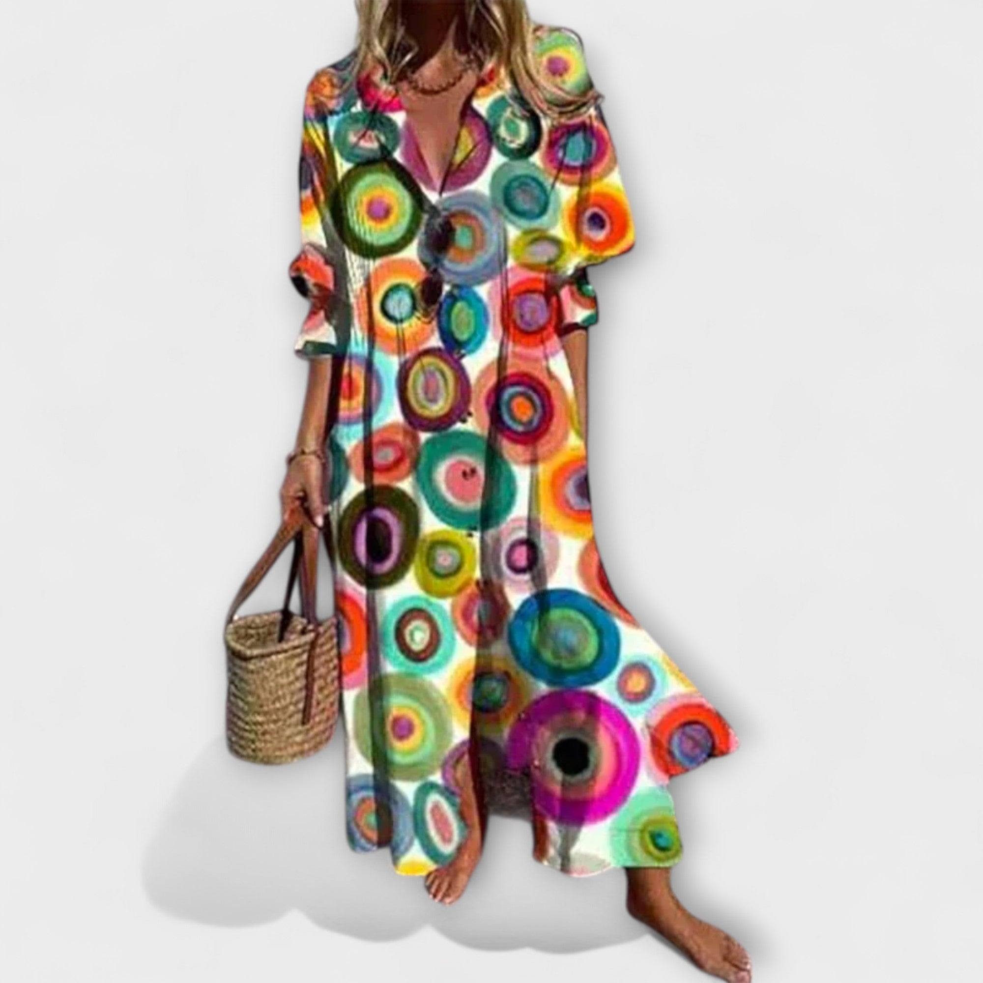 Vestido Camisero Largo para Mujer con Estampado de Hojas y Manga Abullonada