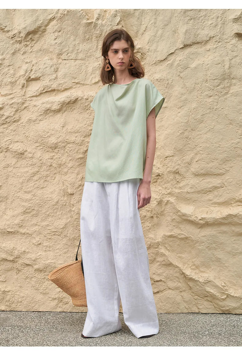 Pantalones de Lino de Pierna Ancha con Cintura Alta y Elástica para Mujer