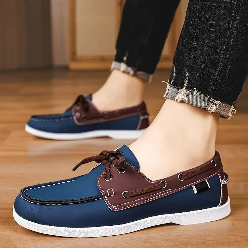 Mocassins de lona para homem estilo slip-on com sola de borracha e biqueira redonda