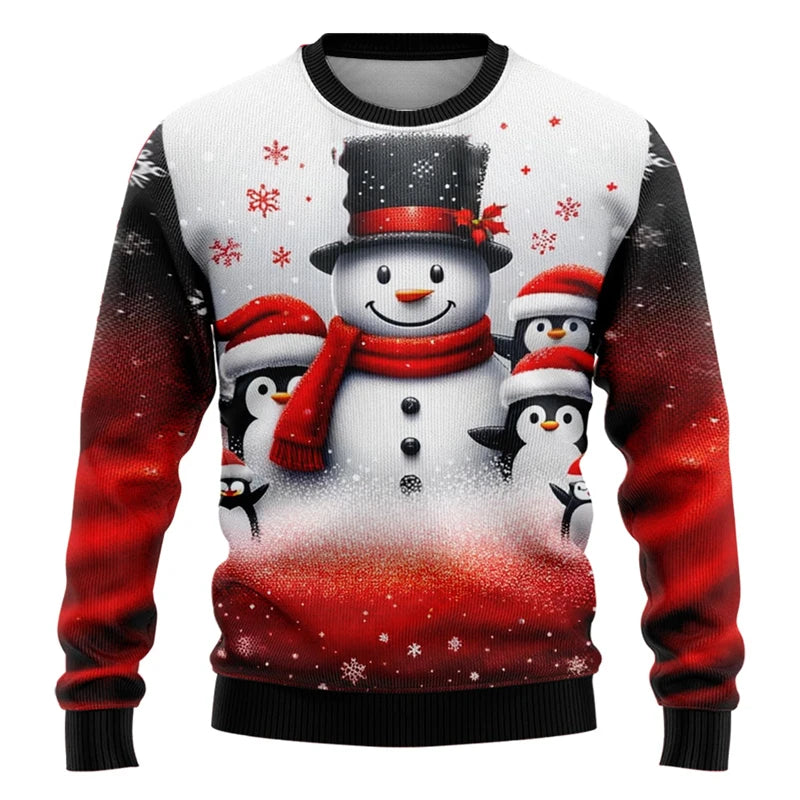 Jersey Unisex de Cuello Redondo con Gráficos 3D de Muñeco de Nieve y Manga Larga