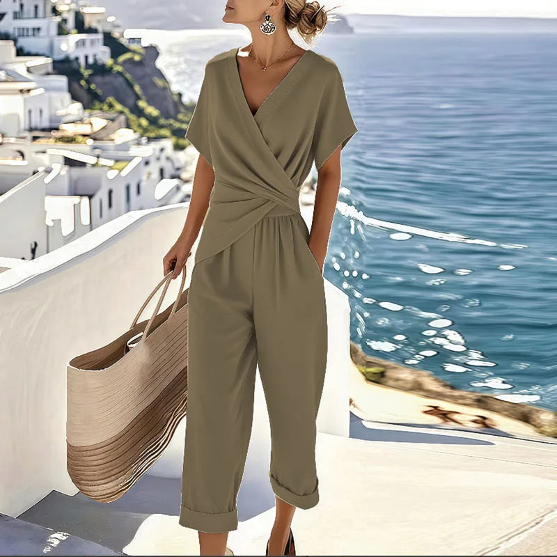 Conjunto de Dos Piezas para Mujer con Blusa de Escote en V y Pantalón Cropped
