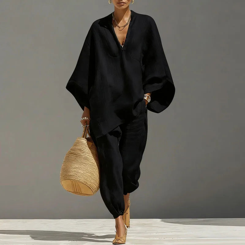 Conjunto de dos piezas para mujer - top con mangas murciélago — diseño casual