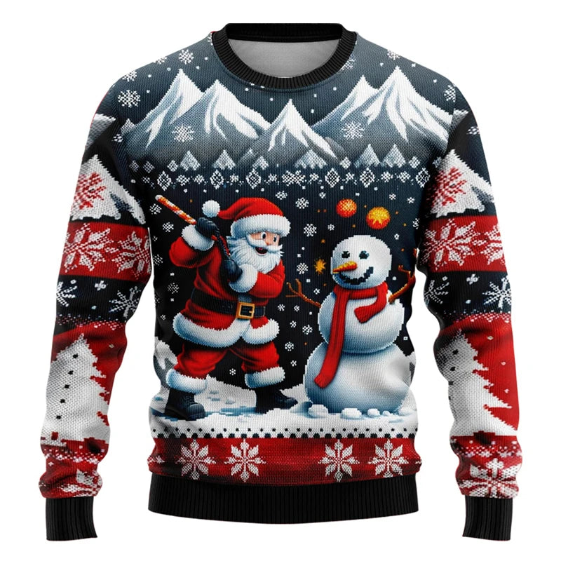 Jersey Unisex de Cuello Redondo con Gráficos 3D de Muñeco de Nieve y Manga Larga