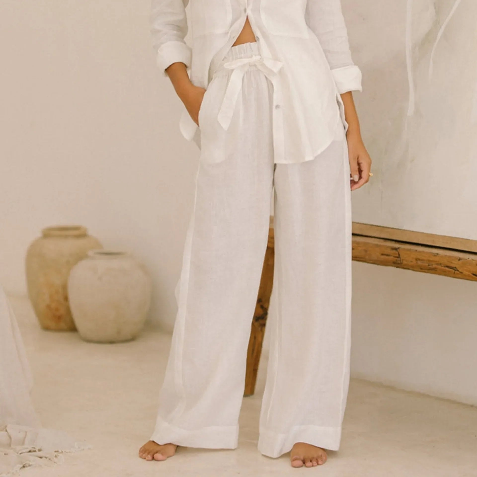 Pantalones de Lino para Mujer de Pierna Ancha con Cintura Elástica y Lazo