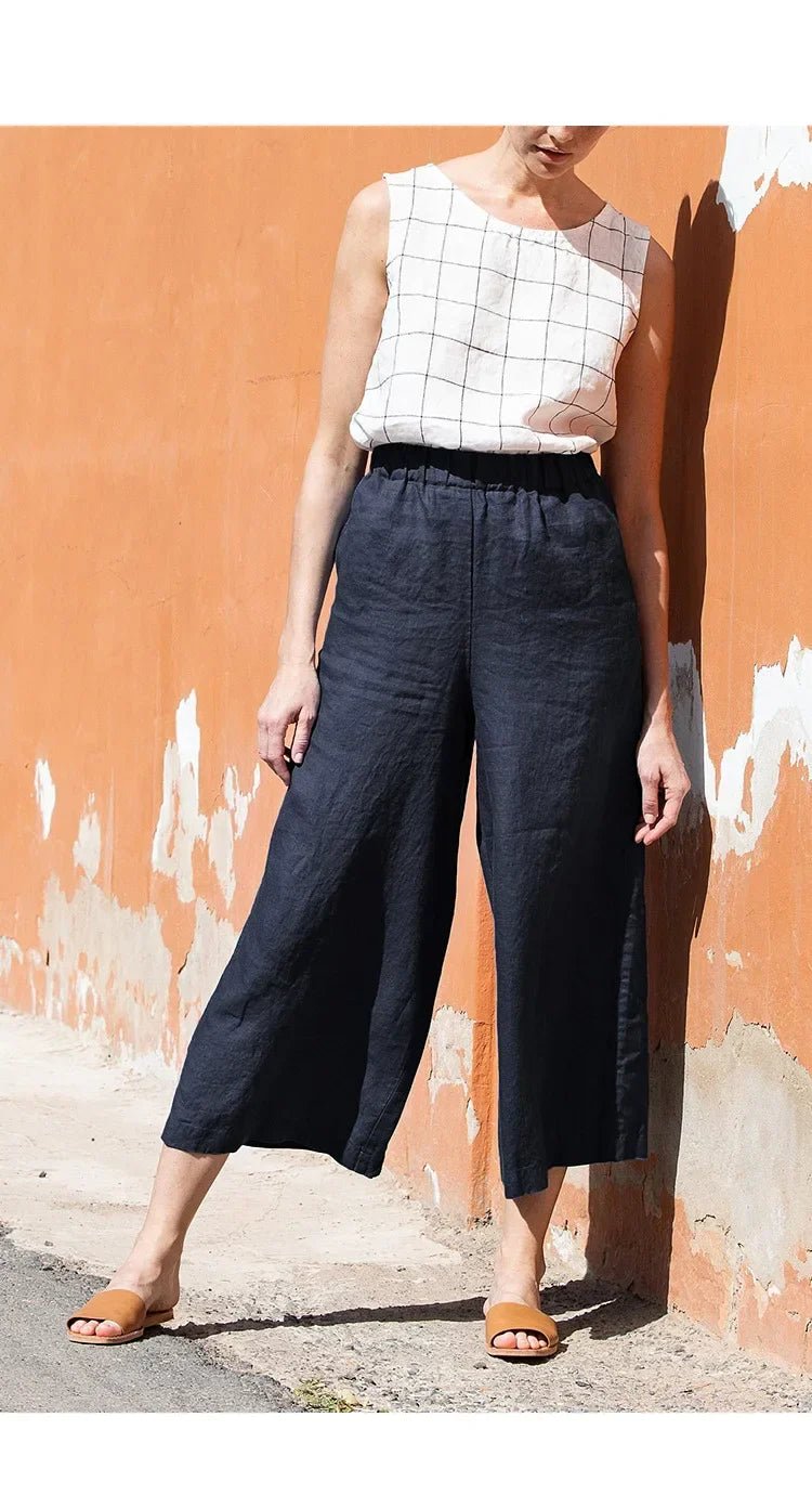 Pantalon en lin pour femme à jambe large avec taille élastique et coupe à la cheville