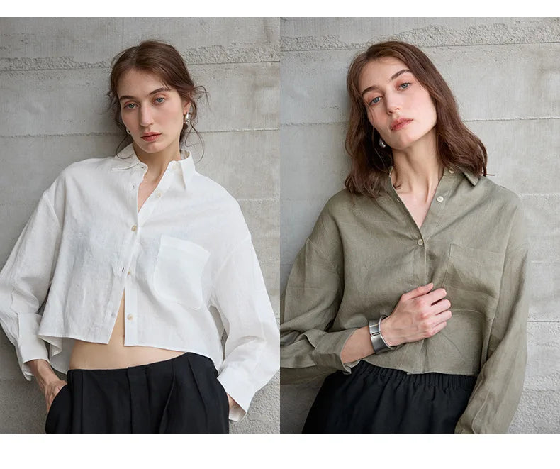 Sobrecamisa curta de linho para mulher de corte oversize com decote em V e botões