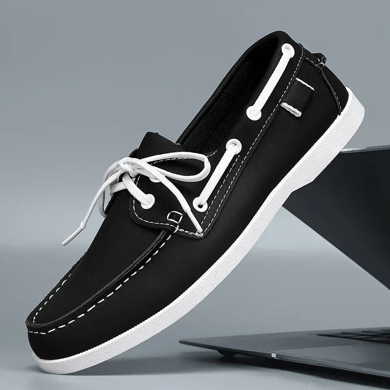 Mocassins de lona para homem estilo slip-on com sola de borracha e biqueira redonda