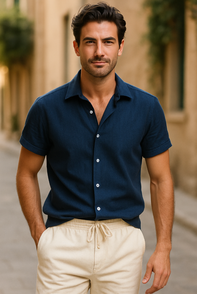 Conjunto de Lino para Hombre con Camisa de Manga Corta y Pantalón de Cordón