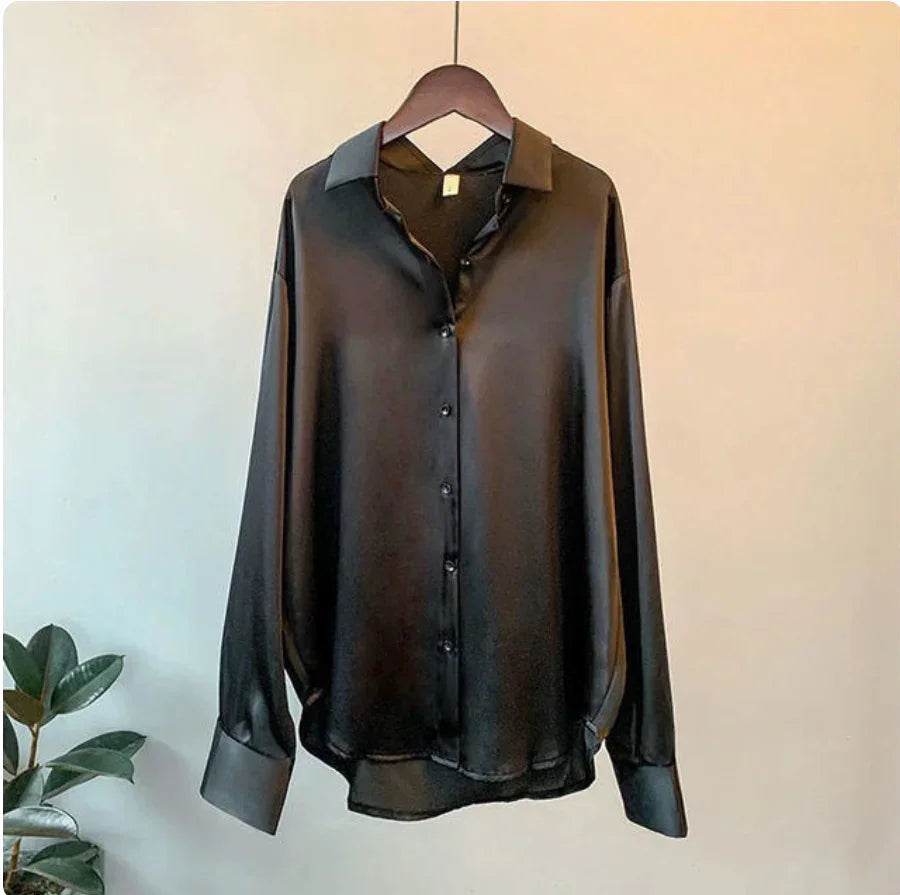 Camisa de satén para mujer de manga larga con botones y cuello de solapa elegante