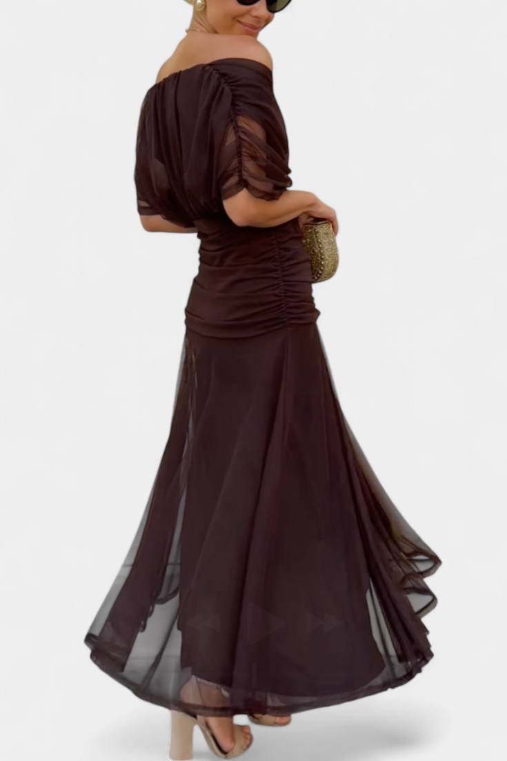 Vestido largo mujer — escote en V y cuerpo fruncido — boda