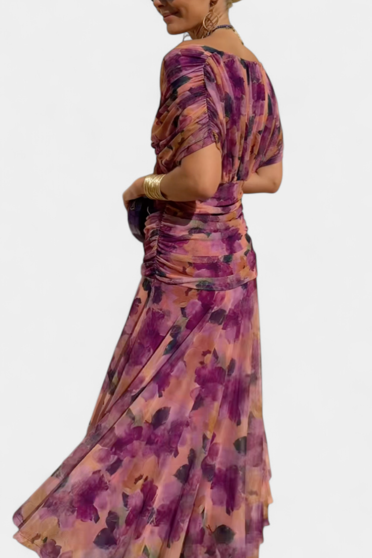 Vestido largo mujer — escote en V y cuerpo fruncido — boda