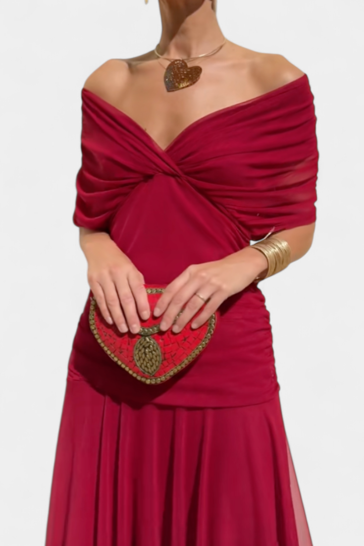 Vestido largo mujer — escote en V y cuerpo fruncido — boda