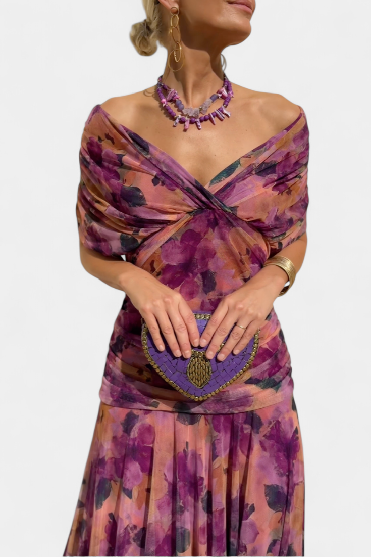 Vestido largo mujer — escote en V y cuerpo fruncido — boda