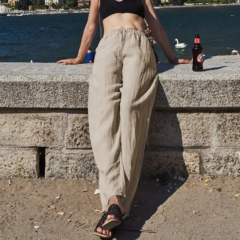 Pantalones de Playa para Mujer de Pierna Ancha en Mezcla de Lino y Algodón