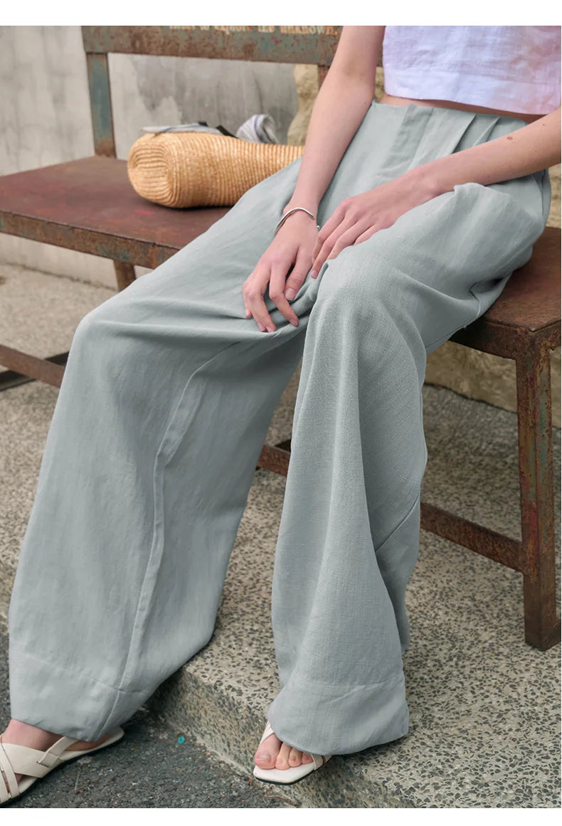 Pantalones de Lino de Pierna Ancha con Cintura Alta y Elástica para Mujer