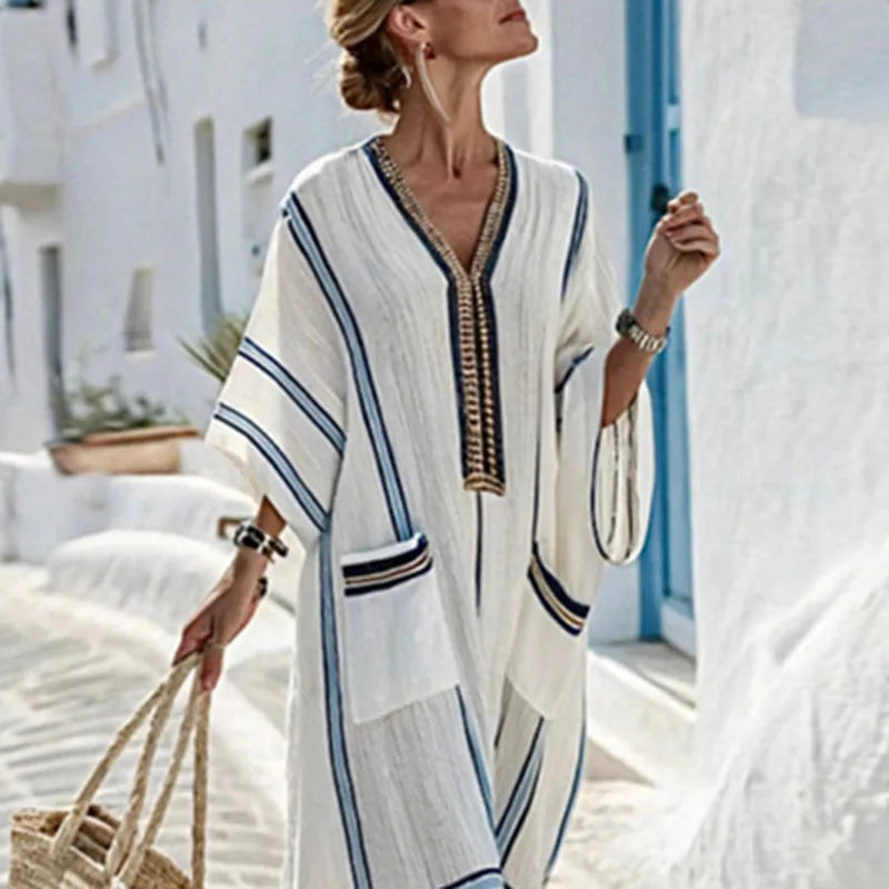 Vestido kimono largo para mujer con cuello en V y bolsillos — playa