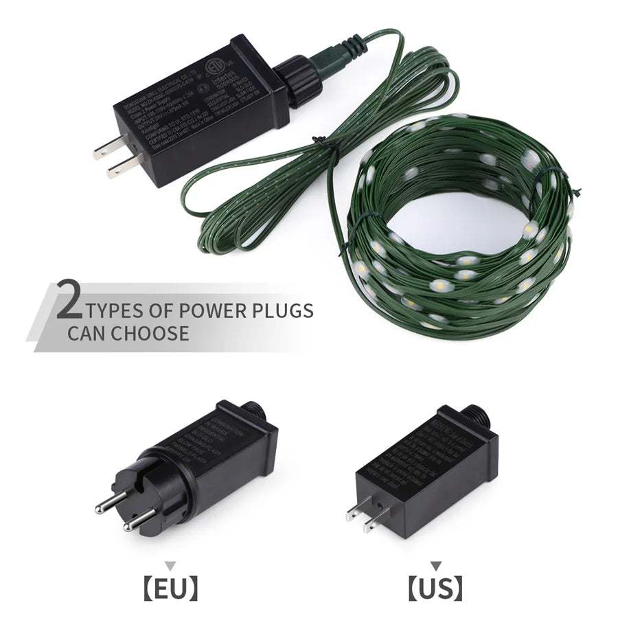 Waterproof Outdoor LED String Lights with 8 Modes and Green Cable
