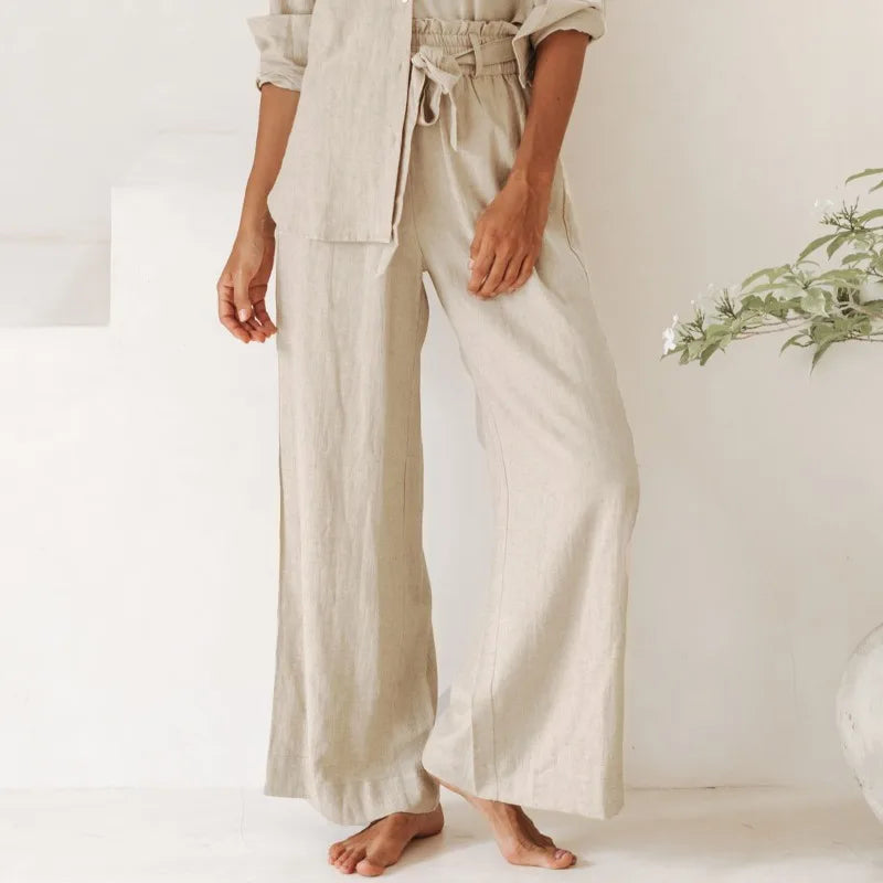 Pantalones de Lino para Mujer de Pierna Ancha con Cintura Elástica y Lazo