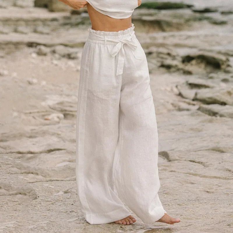 Pantalones de Lino para Mujer de Pierna Ancha con Cintura Elástica y Lazo