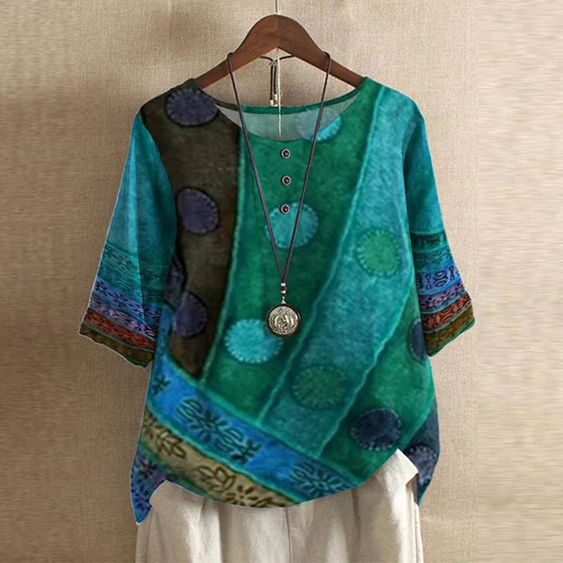 Blusa Estampada de Estilo Retro con Cuello Redondo y Botones para Mujer