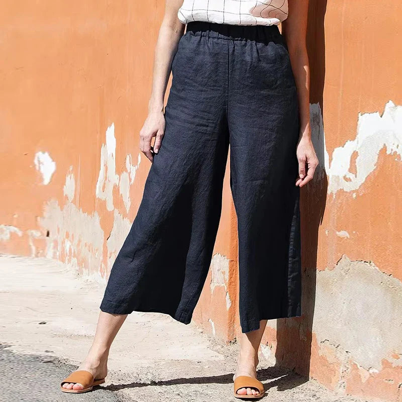 Pantalon en lin pour femme à jambe large avec taille élastique et coupe à la cheville