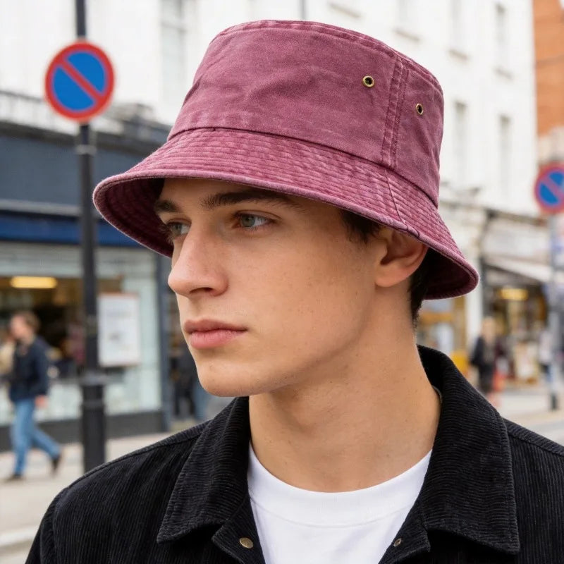 Unisex bavlněný vypraný rybářský klobouk na slunce, neformální bucket hat