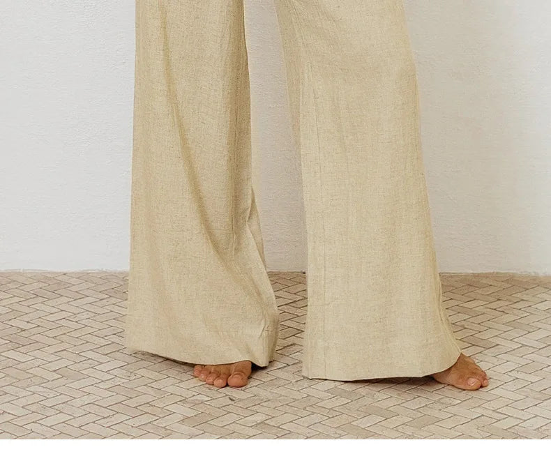 Pantalones de Lino para Mujer de Pierna Ancha con Cintura Elástica y Lazo
