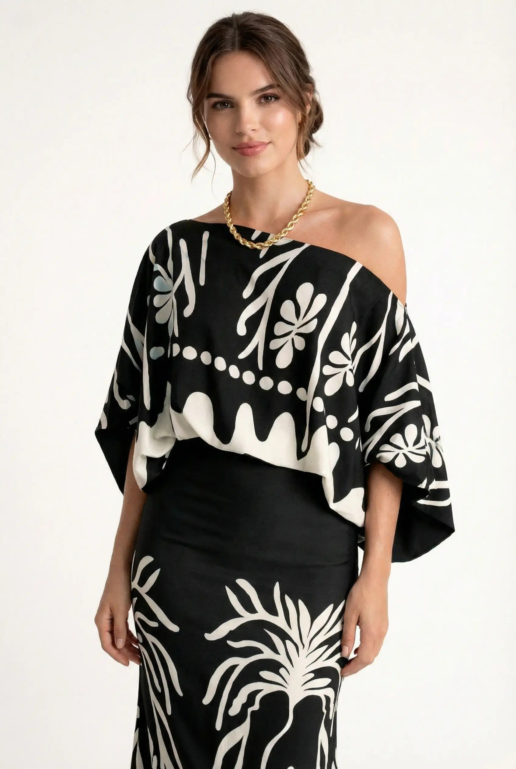 Conjunto de Blusa y Falda Larga con Estampado para Mujer de Dos Piezas