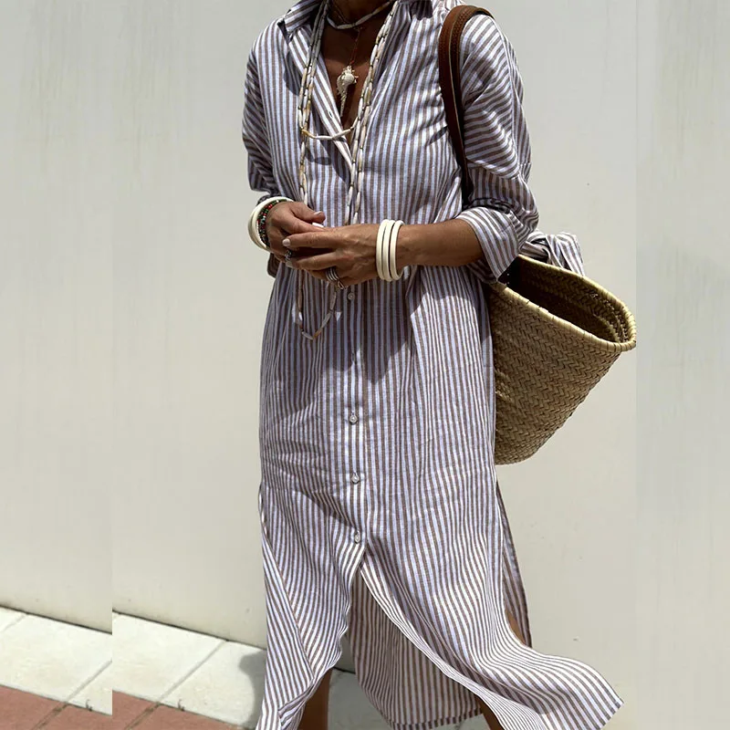 Vestido Camisero Midi para Mujer con Estampado de Rayas Verticales y Mangas 3/4