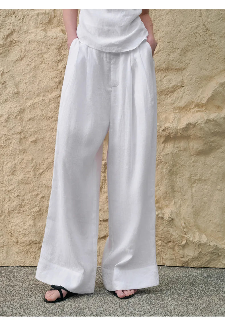 Pantalones de Lino de Pierna Ancha con Cintura Alta y Elástica para Mujer
