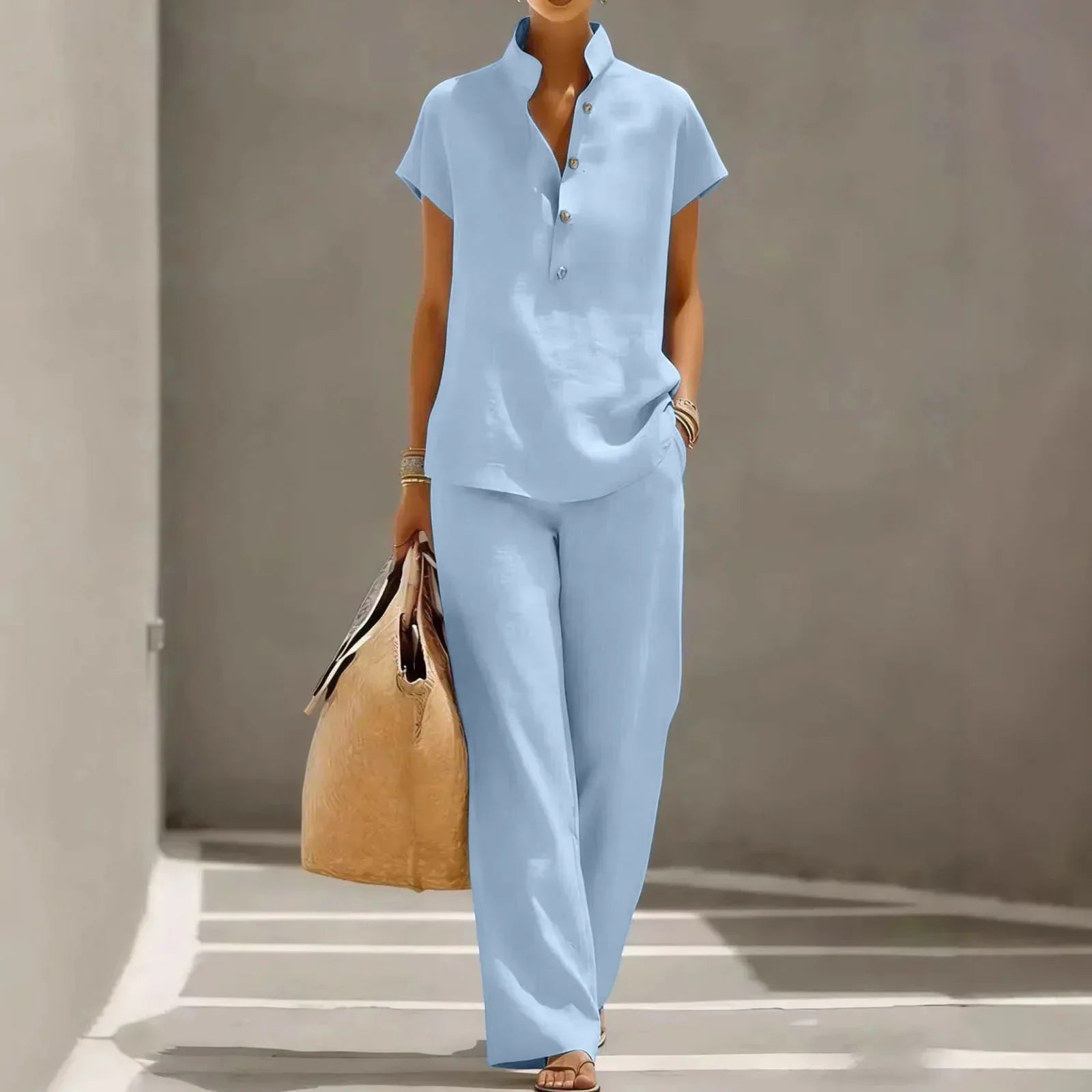 Conjunto de dos piezas para mujer - mezcla de lino - pantalón ancho casual