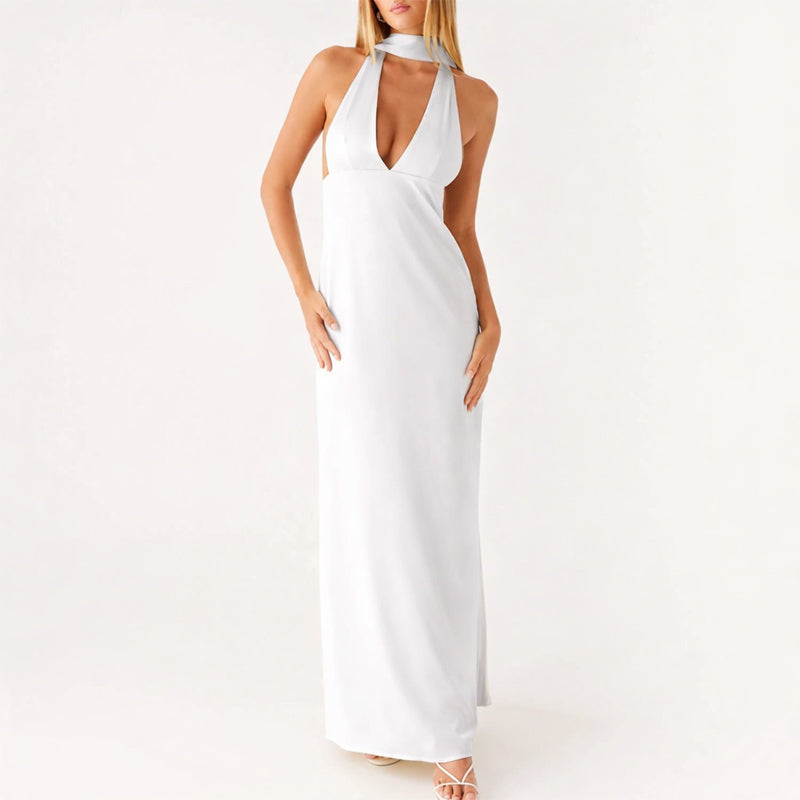 Vestido Largo Ajustado de Poliéster con Cuello Halter y Escote en V Profundo