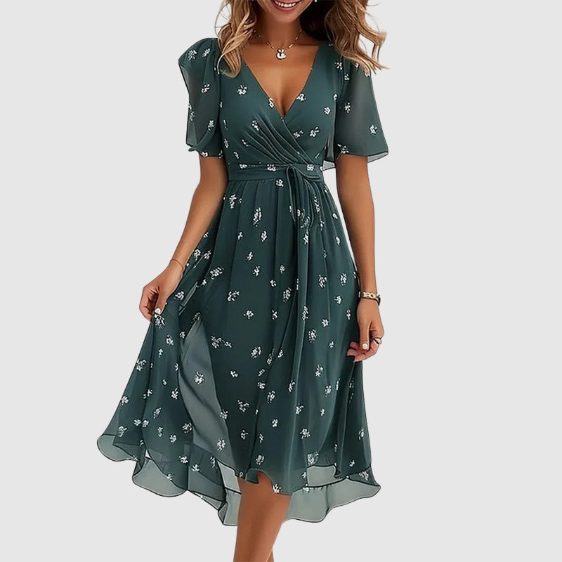 Vestido Largo de Mezcla de Algodón con Estampado Multicolor y Escote en V para Mujer